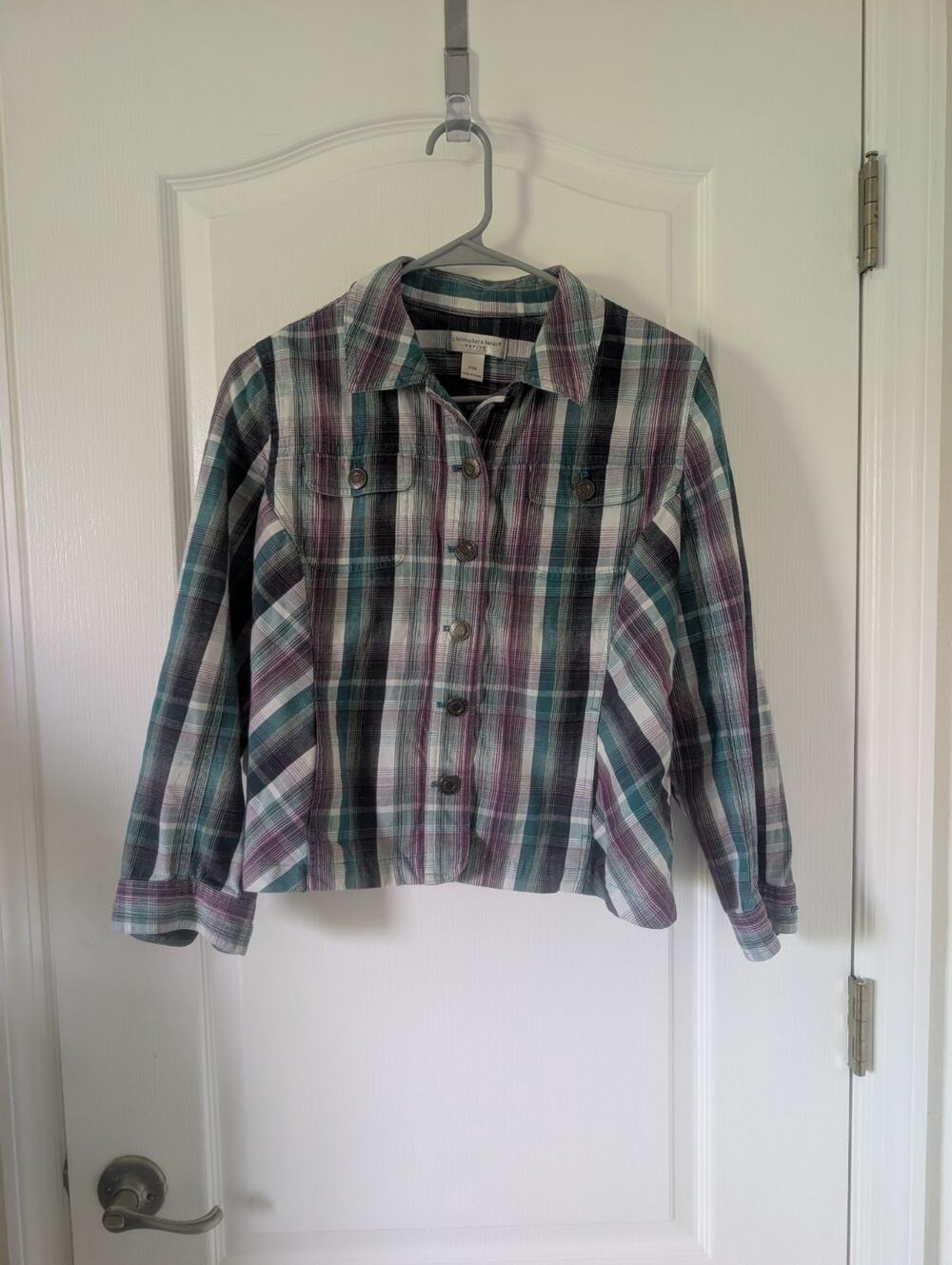 Christopher Banks Women's Jacket Green Purple White Size Petite Medium Plaid